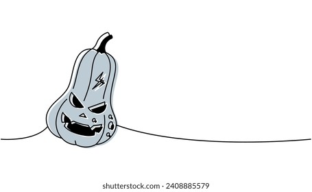 Pumpkin face, autumn vegetable one line colored continuous drawing. Halloween scary pumpkin continuous one line illustration. Vector illustration.