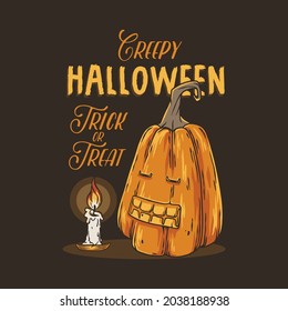 Pumpkin face and candle halloween for autumn print. Happy halloween composition for holiday design