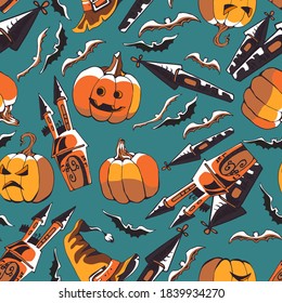 pumpkin, face, castle, bat, color seamless pattern of traditional halloween symbols, gray, orange, graphic hand drawing