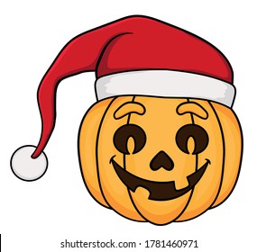 pumpkin with a face in a christmas hat smiling. isolated on a white background. stock illustration