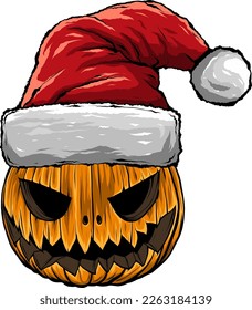 pumpkin with a face in a christmas hat smiling. isolated on a white background