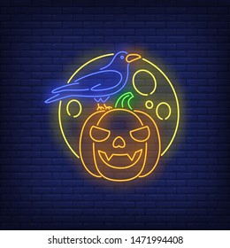 Pumpkin face, crow and moon neon sign. Halloween party, autumn design. Night bright neon sign, colorful billboard, light banner. Vector illustration in neon style.