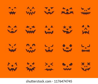 Pumpkin Face flat icons set. Web sign kit jack-o-lantern. Halloween Design pictogram collection animation kit, emotion create. Simple pumpkin face cartoon icon symbol isolated. Vector Illustration