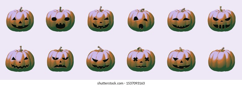Pumpkin face - futuristic striped icons for Halloween, scary and spooky autumn vector illustration for poster. Graphic element of vegetable for holiday greeting card with fear idea for invitation.
