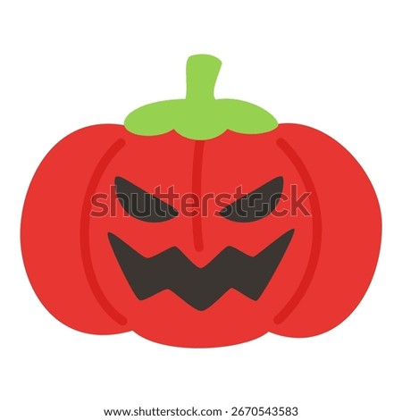 Pumpkin face Halloween red jack o lantern with evil smile flat Vector Illustration