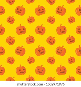 Pumpkin face, Jack o lantern Seamless Pattern for Halloween Halloween vector yellow background. 