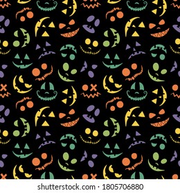 Pumpkin face, Jack o Lantern seamless pattern for Halloween background. Multi-colored eyes and smiles are kind and scary. For baby and child textiles and paper. Festive black print.