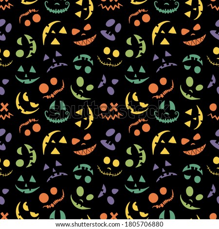 Pumpkin face, Jack o Lantern seamless pattern for Halloween background. Multi-colored eyes and smiles are kind and scary. For baby and child textiles and paper. Festive black print. Foto stock © 