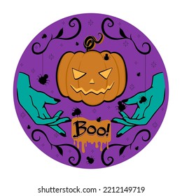 Pumpkin face lantern, spiders, witch hands Halloween illustration for card, party invitation, sticker or poster.