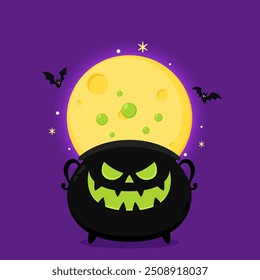 Pumpkin face on kettle. Witch cauldron, Halloween magic pot with green potion. Vector steel boiler with boiling magic brew or steaming goo. Cartoon kettle with poison.