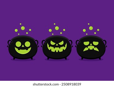 Pumpkin face on kettle. Witch cauldron, Halloween magic pot with green potion. Vector steel boiler with boiling magic brew or steaming goo. Cartoon kettle with poison.