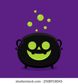 Pumpkin face on kettle. Witch cauldron, Halloween magic pot with green potion. Vector steel boiler with boiling magic brew or steaming goo. Cartoon kettle with poison.