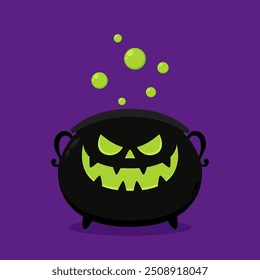 Pumpkin face on kettle. Witch cauldron, Halloween magic pot with green potion. Vector steel boiler with boiling magic brew or steaming goo. Cartoon kettle with poison.