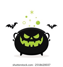 Pumpkin face on kettle. Witch cauldron, Halloween magic pot with green potion. Vector steel boiler with boiling magic brew or steaming goo. Cartoon kettle with poison.