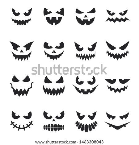 Pumpkin face set, decoration for halloween celebration. Black creepy eyes and smile. Vector pumpkin face illustration on white background