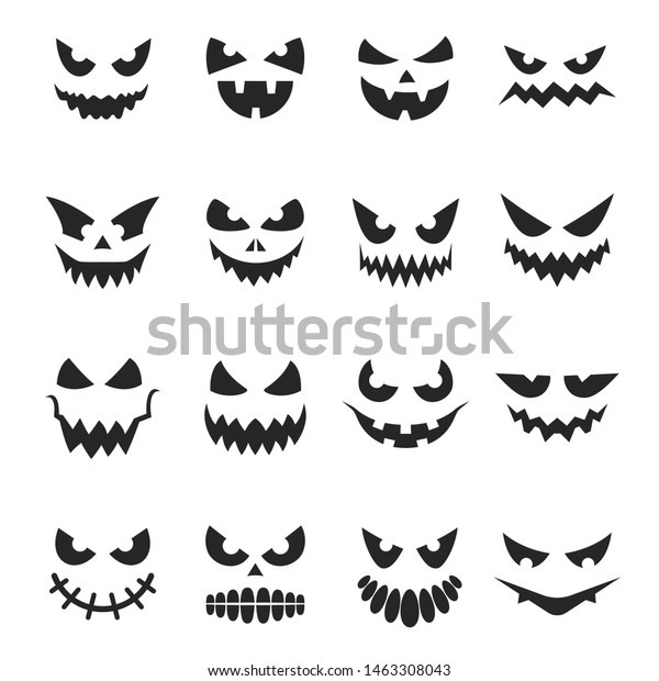 カボチャの顔セット ハロウィーンのお祝いの飾り 黒い不気味な目と微笑 白い背景にベクターカボチャの顔のイラスト のベクター画像素材 ロイヤリティフリー