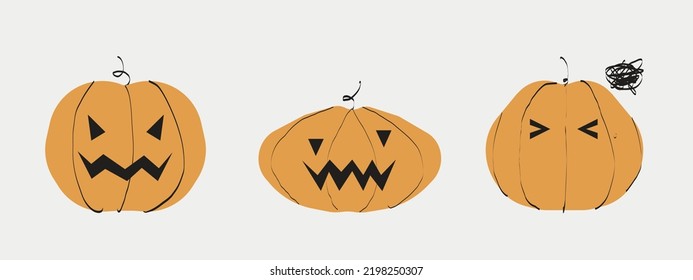 Pumpkin Face Set Vector Illustration. Halloween Jack O Lantern Icon. Sticker Pack Of Funny Pumpkin Faces.