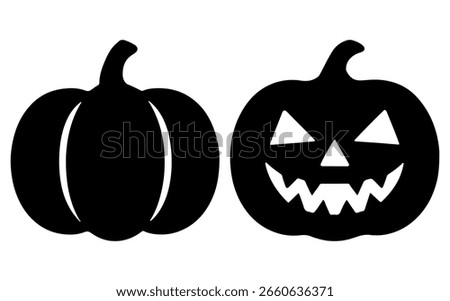 Pumpkin face silhouette icon collection in black vector style featuring spooky and scary expressions perfect for Halloween designs minimal graphics print elements clipart and creative illustrations

