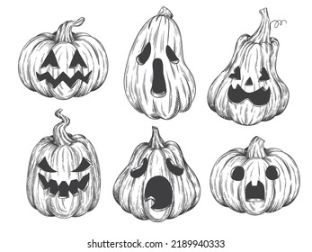 Pumpkin face sketch  Drawing halloween pumpkins scary happy faces  engraving jack lantern for fall decoration art book creepy ghost doodle gourd  vector illustration sketch pumpkin halloween