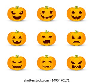 Pumpkin faces flat vector illustration set. Halloween symbol with carved facial expressions. Smiling and scary gourd emoticons for celebrating all saints day poster, postcard design element