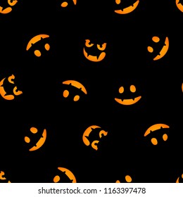 Pumpkin faces glowing on dark background. Seamless pattern.