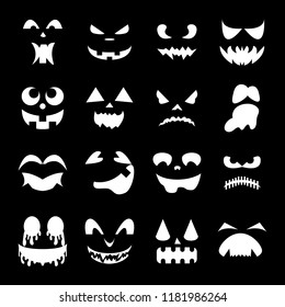 Pumpkin Faces on a black background. Monster ghost carving scary eyes and mouth. Vector Collection of Spooky Halloween.