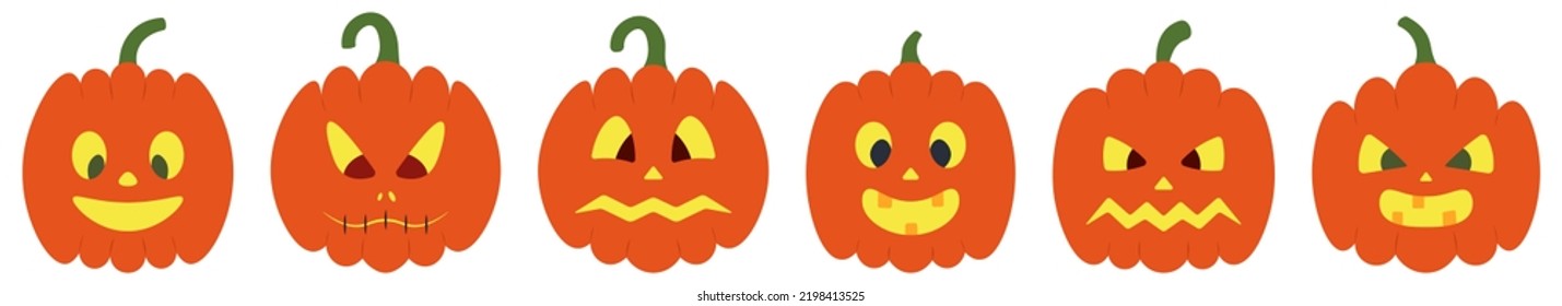 Pumpkin. Faces. Orange vegetable with backlight. Vector collection with various grimaces. Set of illustrations. Flat style. Angry, smiling, scared. Isolated white background. Halloween symbol. 