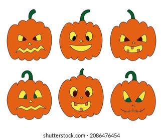 Pumpkin. Faces. Orange vegetable backlit. Vector set of illustrations. Isolated white background. Halloween symbol. A collection with a variety of grimaces. Jack-lantern. Angry, smiling, scared. 
