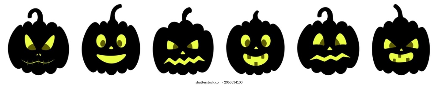 Pumpkin. Faces. Silhouette with glowing eyes. Vector collection with various grimaces. Set of illustrations. Angry, smiling, scared. Isolated white background. Halloween symbol. Jack-lantern. 