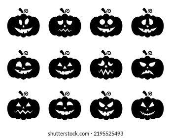 Pumpkin faces silhouettes set. Halloween pumpkins collection. Vector isolated on white.