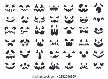 Pumpkin faces stencil. Scary carved halloween face, ghost smile spooky jack evil smile mouth eyes scary silhouette creepy cartoon horror icon ingenious vector illustration of halloween scary stencil