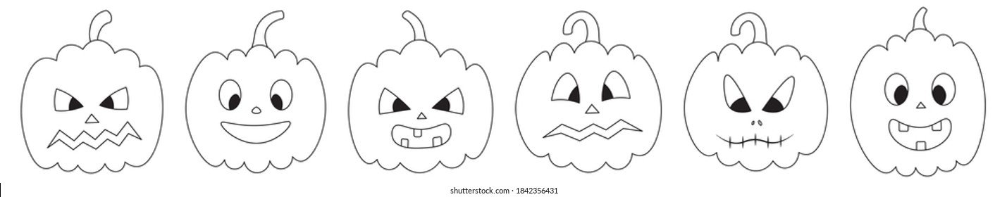 Pumpkin. Faces. Vector set of illustrations. Outline on an isolated white background. Doodle style. Coloring book for children. Sketch. Halloween symbol. A collection with a variety of grimaces. Jack.