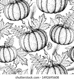 Pumpkin and fall leaves seamless pattern. Hand drawn background. Sketch vector illustration. Cute design with fall leaves and pumpkin. 