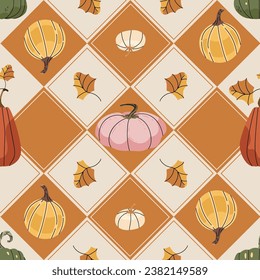 Pumpkin with fall leaves tile seamless pattern vector perfect for Thanksgiving, fall, autumn, Halloween cards, fabric, banners, invites, wrapping paper, wallpaper, cover