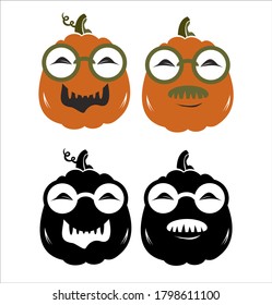 Pumpkin family: grandpa, grandma. Black and white silhouette of a pumpkins. Vector