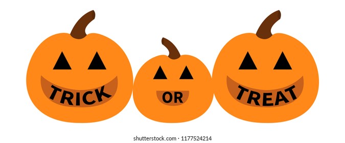 Pumpkin family. Happy Halloween. Mother Father Baby. Trick or treat text. Funny creepy smiling face. Cute cartoon character. Greeting card. White background. Flat design. Vector