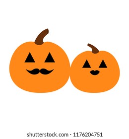 Pumpkin family love couple. Happy Halloween. Funny creepy smiling face. Lips and moustaches. Cute cartoon baby character. Greeting card. White background. Isolated. Flat design. Vector illustration