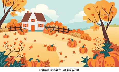 Pumpkin farm with beautiful autumn trees. Pumpkin day on the farm with house, fence, trees and bushes. Autumn rural landscape of pumpkin field and farm, vector illustration. Autumn harvest.