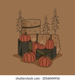 Pumpkin farm. Buy a pumpkin to celebrate and decorate it for the Halloween holiday. Haystack. Wooden boxes. Vector illustration for a postcard for All Saints' Day. Trick with a treat.