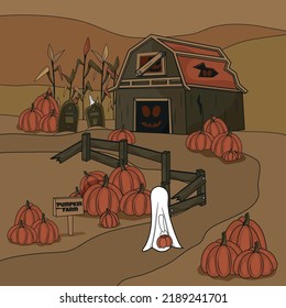 Pumpkin farm. Buy a pumpkin to celebrate and decorate for the Halloween holiday. The ghost goes for treats. Vector illustration for a postcard for All Saints' Day. Trick with a treat.