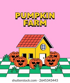 Pumpkin farm featuring a yellow house surrounded by jack-o'-lanterns on a checkered field. Ideal for Halloween, autumn, or seasonal farming theme cartoon illustration vector