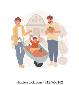 Pumpkin Farm Isolated Cartoon Vector Illustration Halloween Family Field Trip, Visiting Farm Together, Parents Taking Photos Of Children With Pumpkins, Countryside Adventure Vector Cartoon.