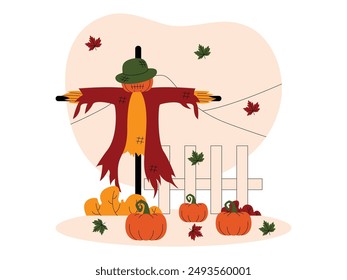 Pumpkin farm scene near hills with scarecrows in fall season, vector illustration.