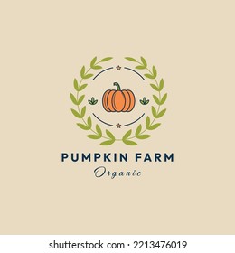 pumpkin farm vintage logo with leaf vector illustration design