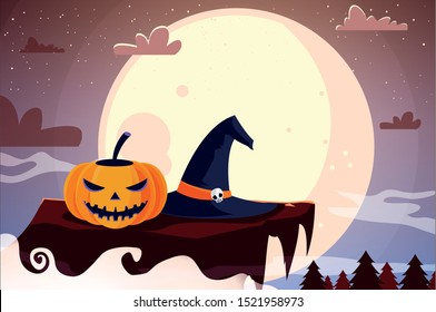 pumpkin with fear face in scene of halloween vector illustration design