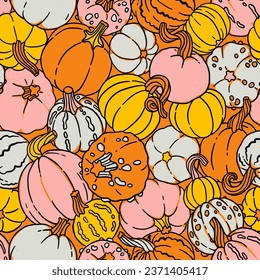 Jardín de fiestas de calabaza, traza manual de vectores de otoño con calabazas y calabazas de diferentes formas, en rosa y menta, naranja y amarillo, ideal para decoraciones de fiestas de Acción de Gracias o Halloween