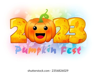 Pumpkin fest holiday banner. Hello Fall 2023 number design idea. Harvest festival greetings. Creative text style. Greeting card. Autumn leaves. Thanksgiving Day congrats concept. Funny 3D pumpkin.