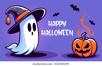 Pumpkin Festival banner. Spooky Halloween ghost, pumpkin, witch hat. Halloween Poster. Halloween Background. Ghost Character. Halloween holiday spooky party banner. Ghost in witches hat. Cute spirit