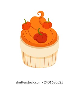 Pumpkin festive cupcake decorated with mini Pumpkin. Dessert as gift to your loved one. Sweet pastries for recipe book. Christmas and Holiday sweet pie for banner, menu. Vector flat illustration.