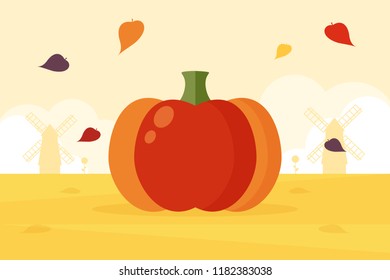 Pumpkin in the Field. Flat Design Style. 